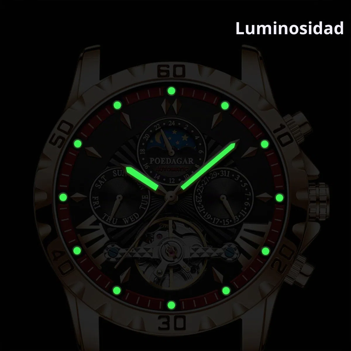 FORSINING Tourbillon Reloj de pulsera automático para hombre, correa de acero inoxidable, fase lunar, analógico, con fecha