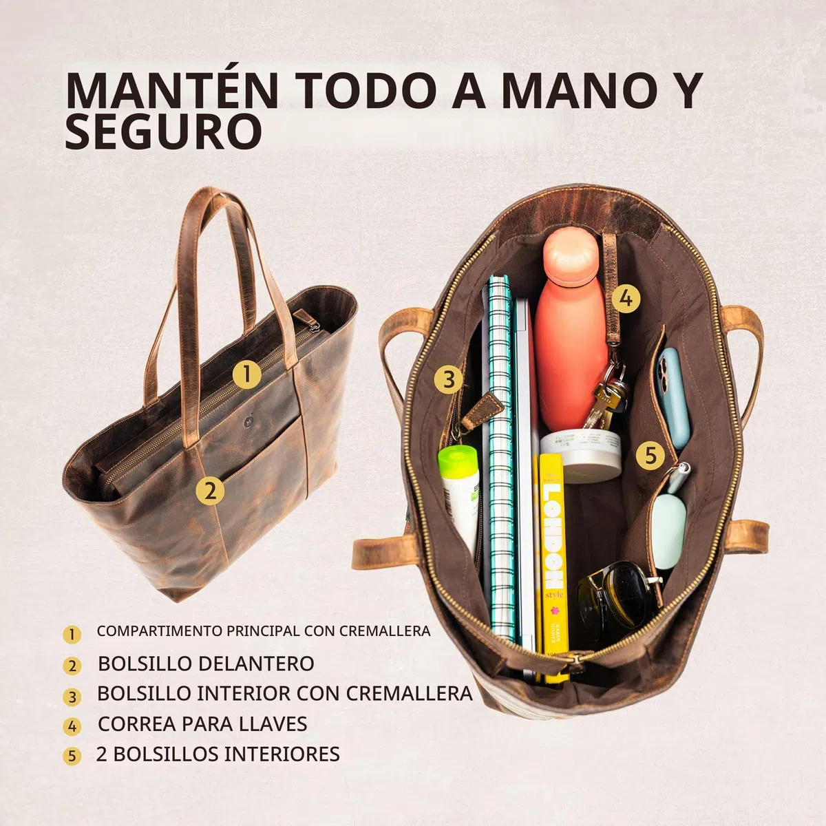 moonster Tote Bag 100% Cuero para Mujer – Bolso de Mujer Atemporal en Duradera Piel de Búfalo – Grandes Bolsos de Piel Auténtica para Mujer con Forro de Polialgodón y Aplicaciones Metálicas