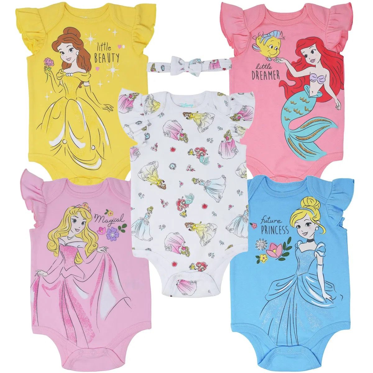 Disney Princesa Ariel Belle Cenicienta Blancanieves Aurora – Juego de 5 bodies de manga corta