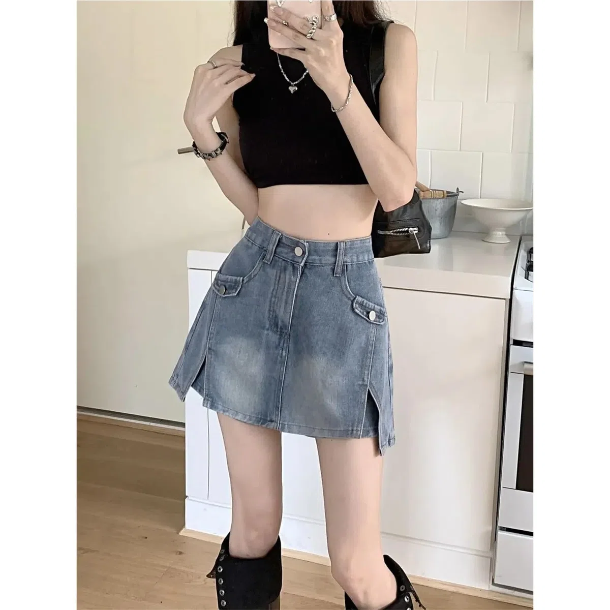 Falda Vaquera para Mujer Falda Vaquera de Cintura Alta for Mujer, Pantalones Finos de Corte A, Pantalones Cortos Vaqueros sexys for Mujer para El Uso Diario, Fiestas(XXL)