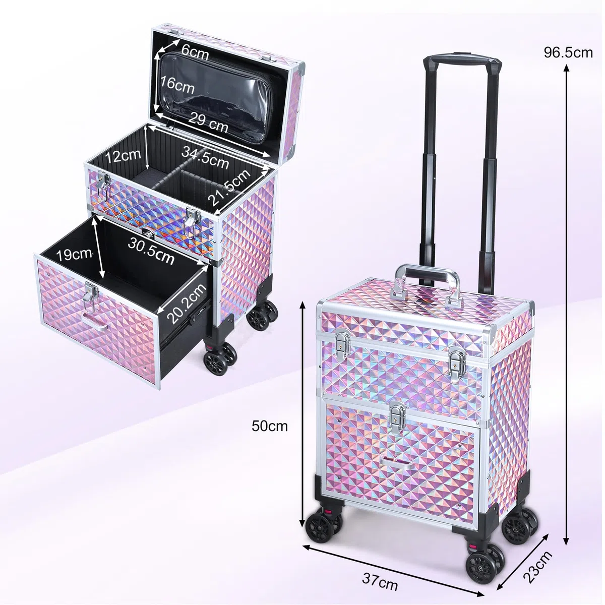 Maleta Maquillaje con Ruedas Maletín Maquillaje Profesional con Cajones, Maletín de peluquería Caja Maquillaje para para Maquilladores, Peluqueros y Técnicos de Uñas, con Bolso Desmontable, Rosa