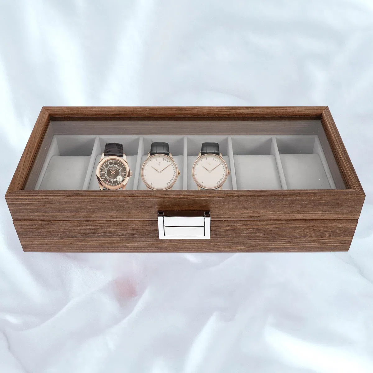 Caja de Exhibición para Relojes de 6 Ranuras en Madera | Tapa Transparente, Acabado Veteado Tipo Nogal, para Hogar o Joyería, Organiza y Protege Piezas