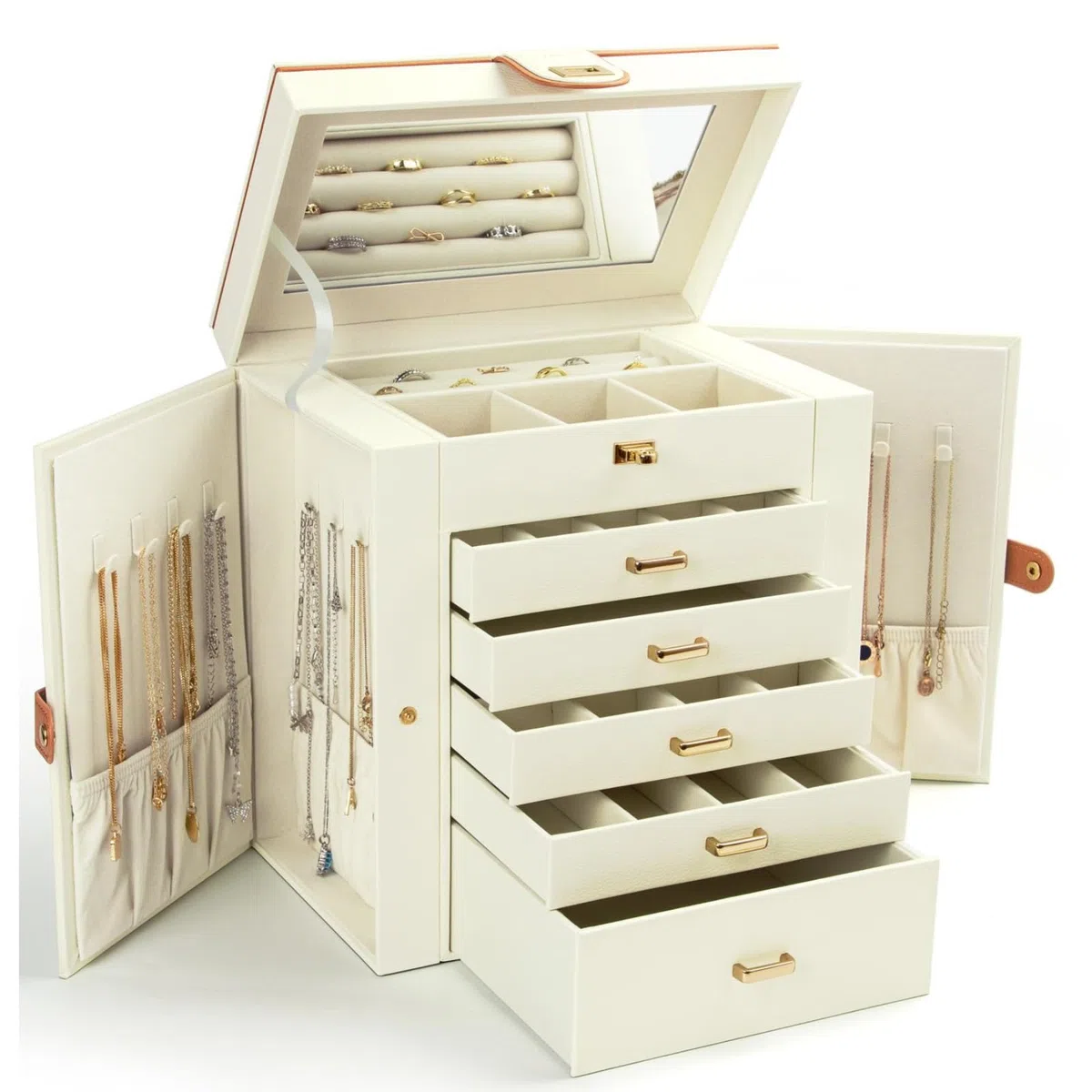 KAMIER Joyero para mujer, organizador de joyas grande de 6 niveles con espejo y 5 cajones para anillos, aretes, collares, pulseras, Regalo para mujer Caja de joyería, blanco, Regalo Caja de joyería