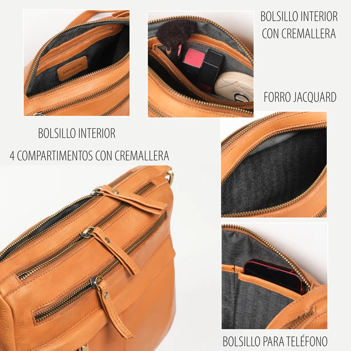 Bolso Bandolera Mujer Piel Auténtica - Bolso Mujer Bandolera Regulable con Estilo - Cuero con múltiples Cremalleras - Muchos Compartimentos para uso diario – Monedero de Regalo.