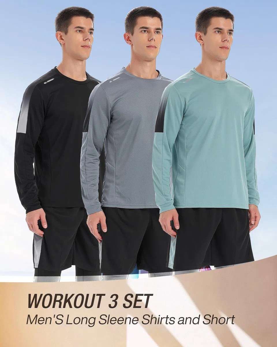 BOOMCOOL - Conjunto deportivo para hombre de 3 piezas, camiseta de entrenamiento para gimnasio, ropa deportiva para correr, fútbol, ejercicio y otras actividades deportivas, negro azul gris (Black