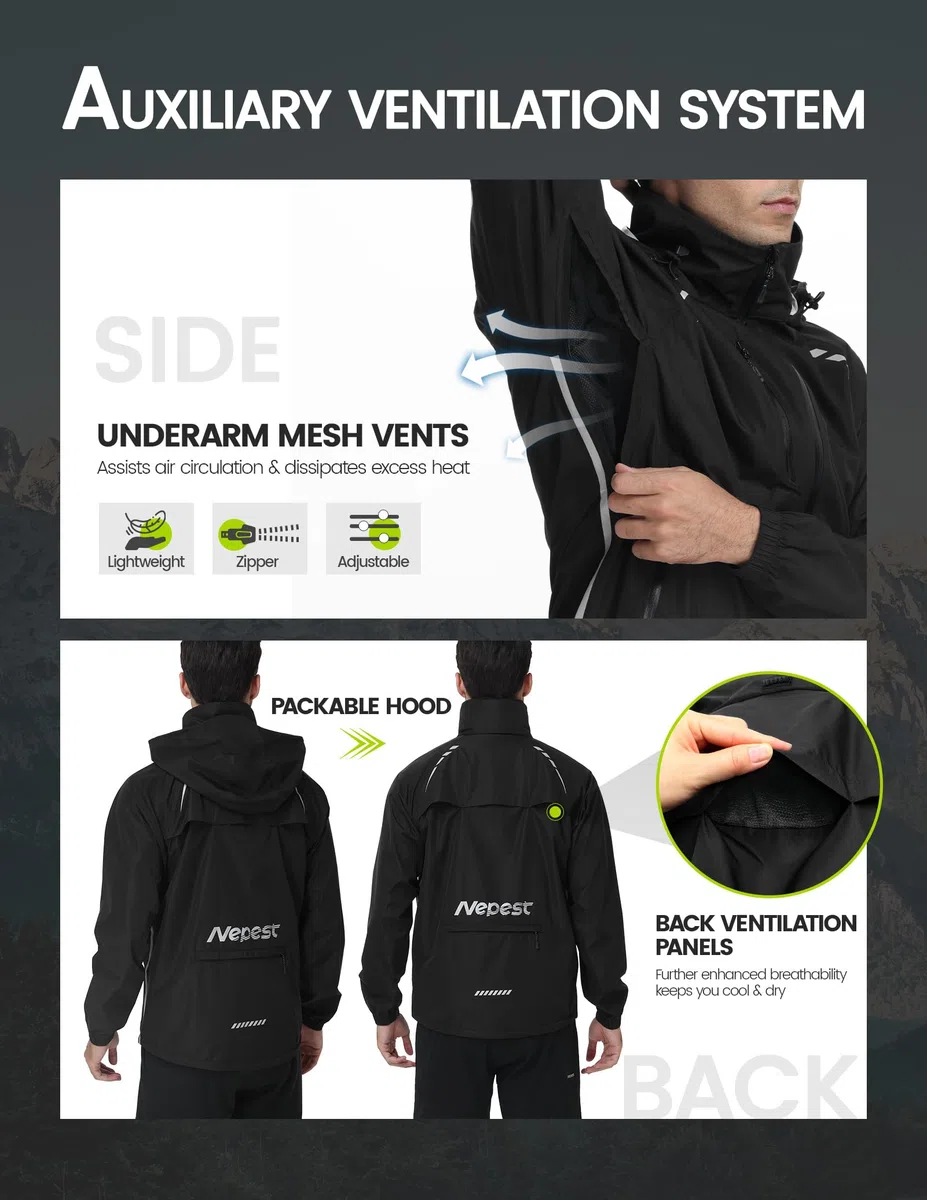 Nepest Chaqueta de ciclismo impermeable para hombre, protección contra la lluvia 10K H2O + transpirabilidad 5K, 6 bolsillos, reflectante, UPF50+, abrigo resistente al viento para MTB Running