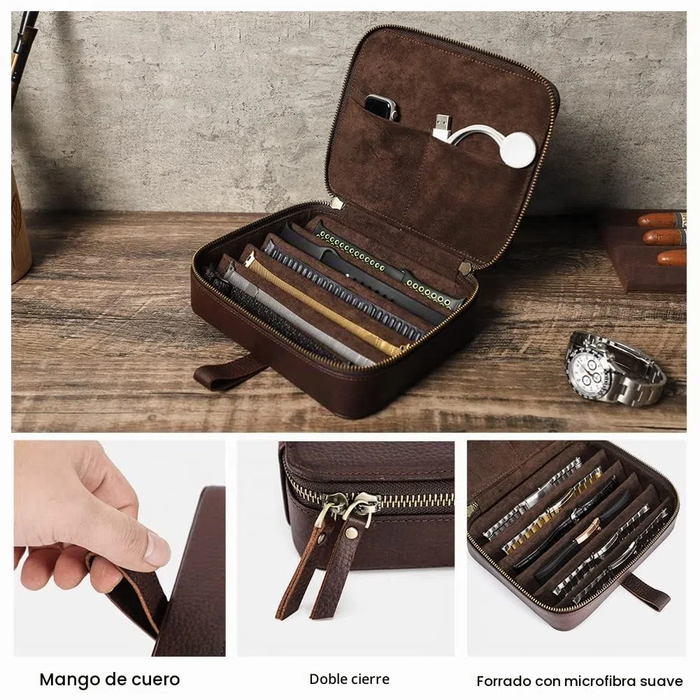 Hiram Organizador de cuero para correas de reloj con asa, caja de almacenamiento portátil para Apple Watch y correas mecánicas