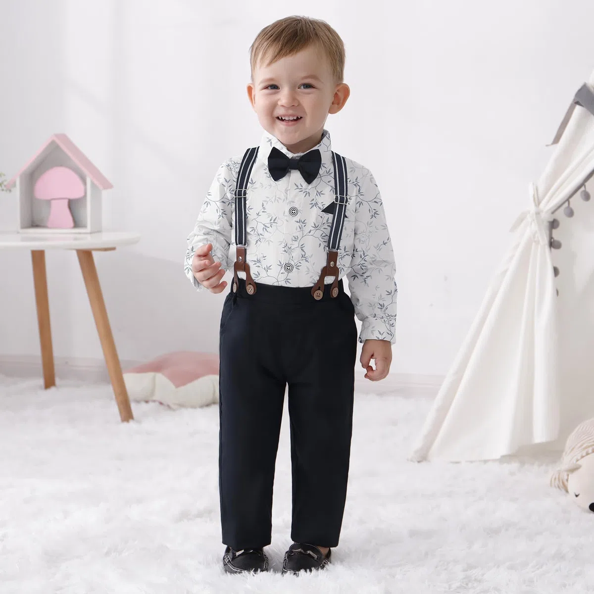 nilikastta Traje para niño pequeño, camisa de vestir con pajarita/pantalones de tirantes, trajes de boda para caballero de 1 a 10 años
