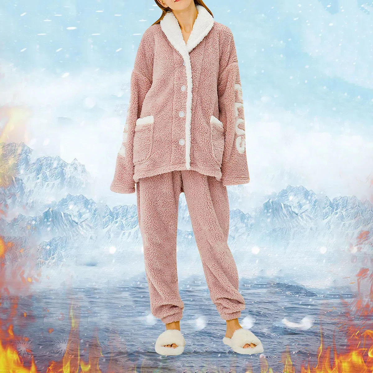 Conjunto de pijama mullido y ligero para mujer, conjunto de pijama de forro polar, algodón suave, cómodo, sólido, con botones, cálido, para invierno, otoño, acogedor, cómodo, conjunto de pijama