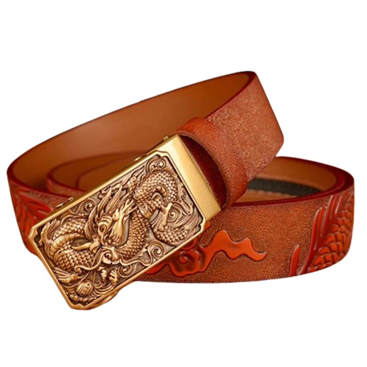 Cinturón De Trinquete For Hombre, Piel Auténtica, 3,5 Cm Ancho, Cierre Automático, Hebilla Deslizante, Escultura Decorativa Grabada En Oro