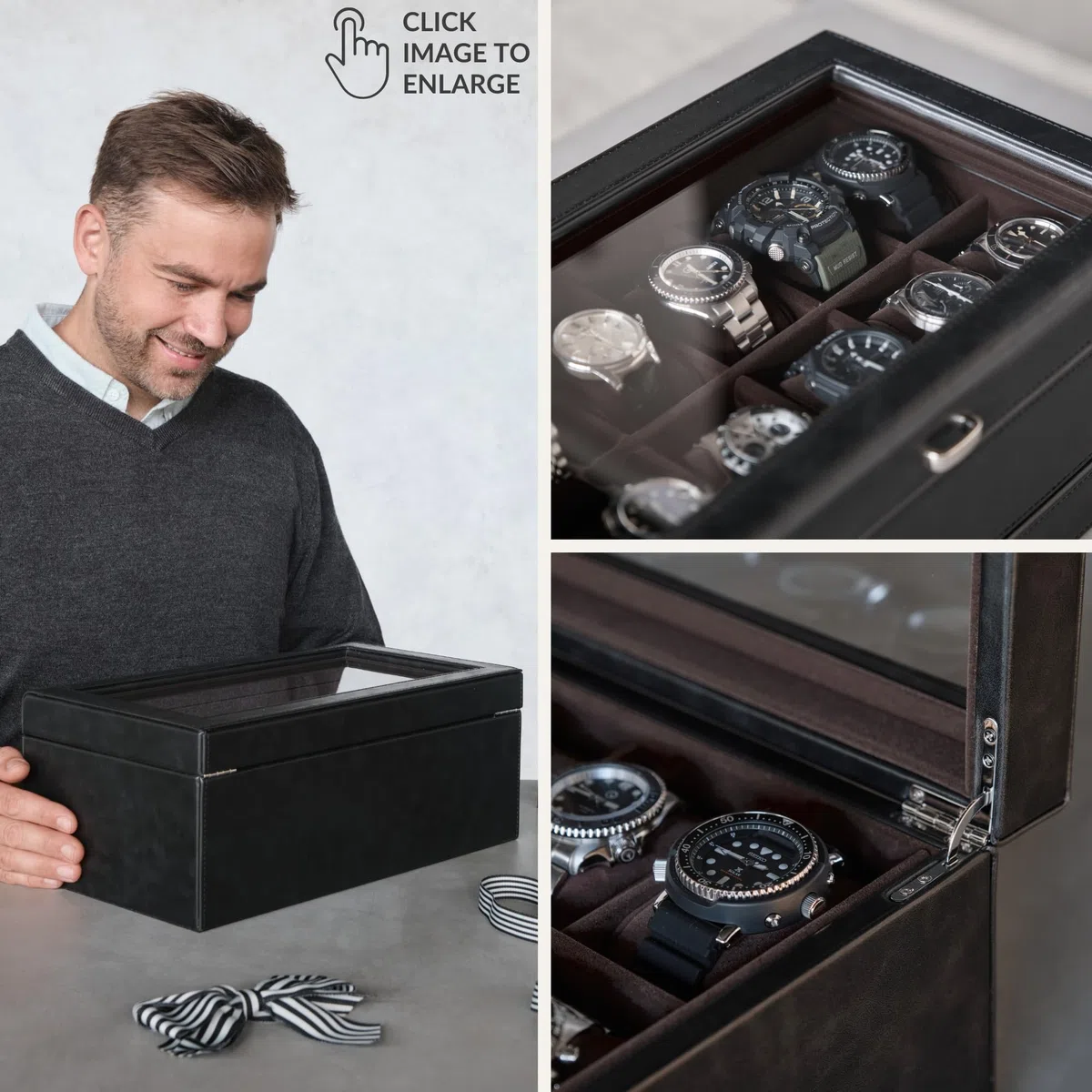 TAWBURY Caja de reloj de 12 ranuras con cajón de almacenamiento, caja de reloj de piel sintética negra de alta calidad para hombre, fácil apertura con una sola mano, interior de terciopelo de felpa