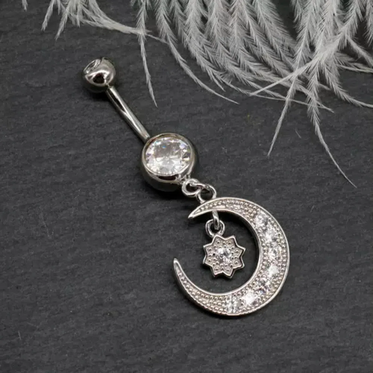 Piercing para Ombligo con Barra de Plata de Ley 925 y Cristales de Luna A4401-6 mm