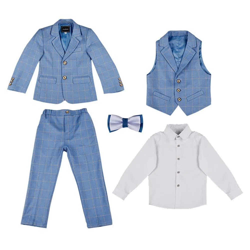 Traje de Caballero para Niño,Traje Conjunto de Chaleco a Cuadros Azul de Bebés Niños para Ceremonia,Traje Formal de Fiesta de Boda para Niños,Verano Ropa Niños Elegante Trajes de Bautizo