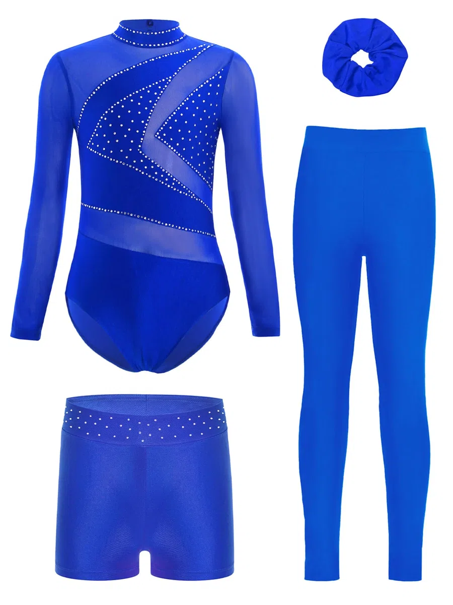 TiaoBug Conjunto De Baile Para Niñas Leotardo Gimnasia Rítmica Manga Larga Con Pantalones Cortos Y Leggings Traje De Patinaje Artístico Azul 15-16 años