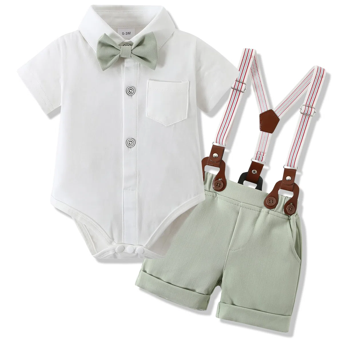 WESIDOM Ropa de bebé para niños de 0 a 18 meses, traje de caballero de manga corta + corbata de moño + pantalones cortos con tirantes desmontables, #43verde, 3-6 meses, #43verde, 3-6 Months