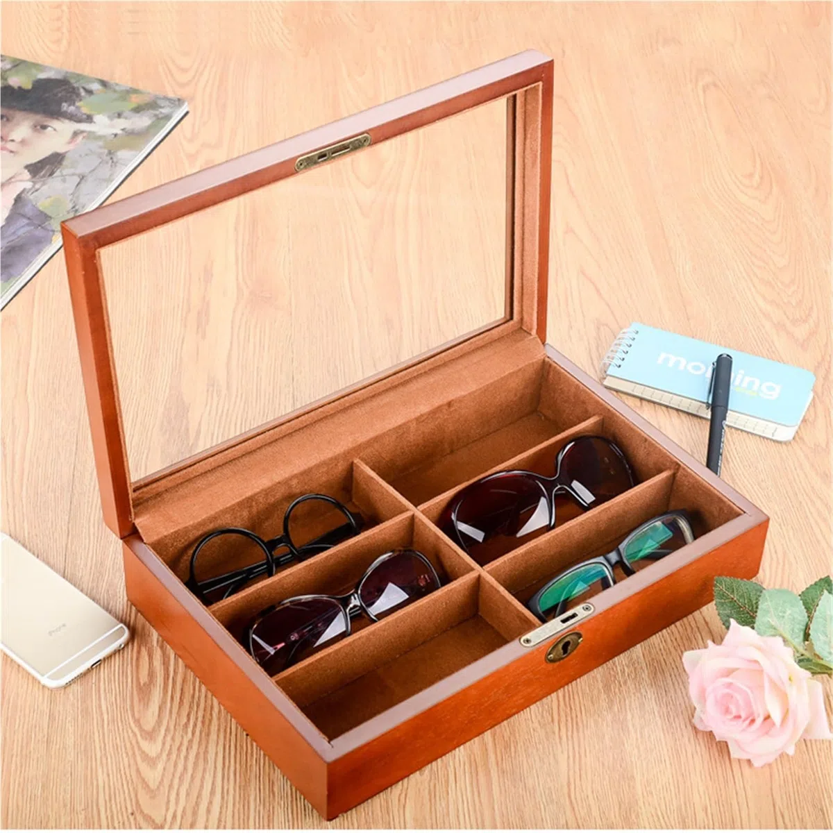 Organizador para Gafas De Sol Organizador de Gafas de Sol de Madera for Mujer y Hombre, Estuche de exposición for Gafas de Sol, Caja de Soporte for Almacenamiento con 6 Ranuras