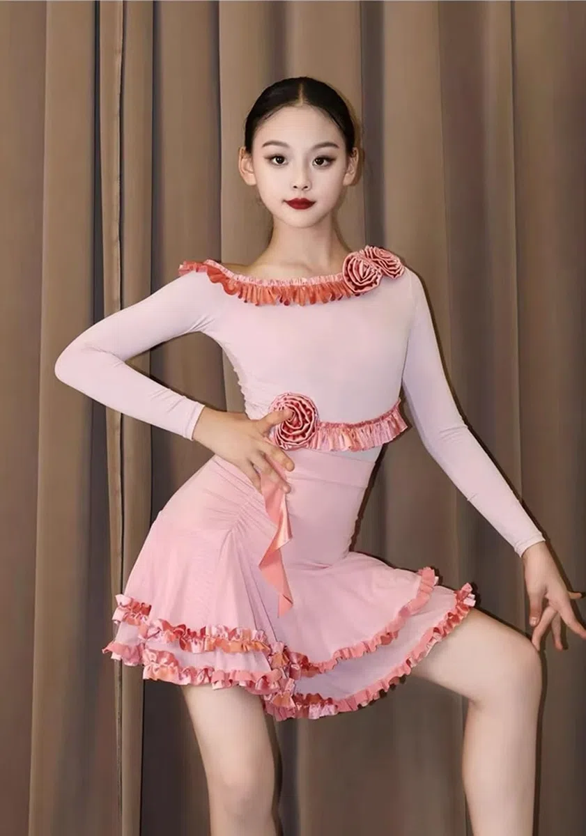 EFLALYHG Ropa de Baile para niñas y niños, Vestido de Baile Latino de Manga Larga para salón de Baile práctica actuaciones competición Disfraz
