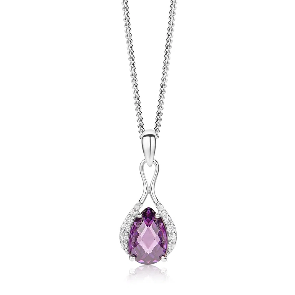 MIORE Collar de plata de ley para mujer, cadena con colgante de amatista y circonitas en plata de ley 925. Piedra natural talla gota. Cadena Grumetta Cm 45. Colgante de Mujer Hipoalergénico.