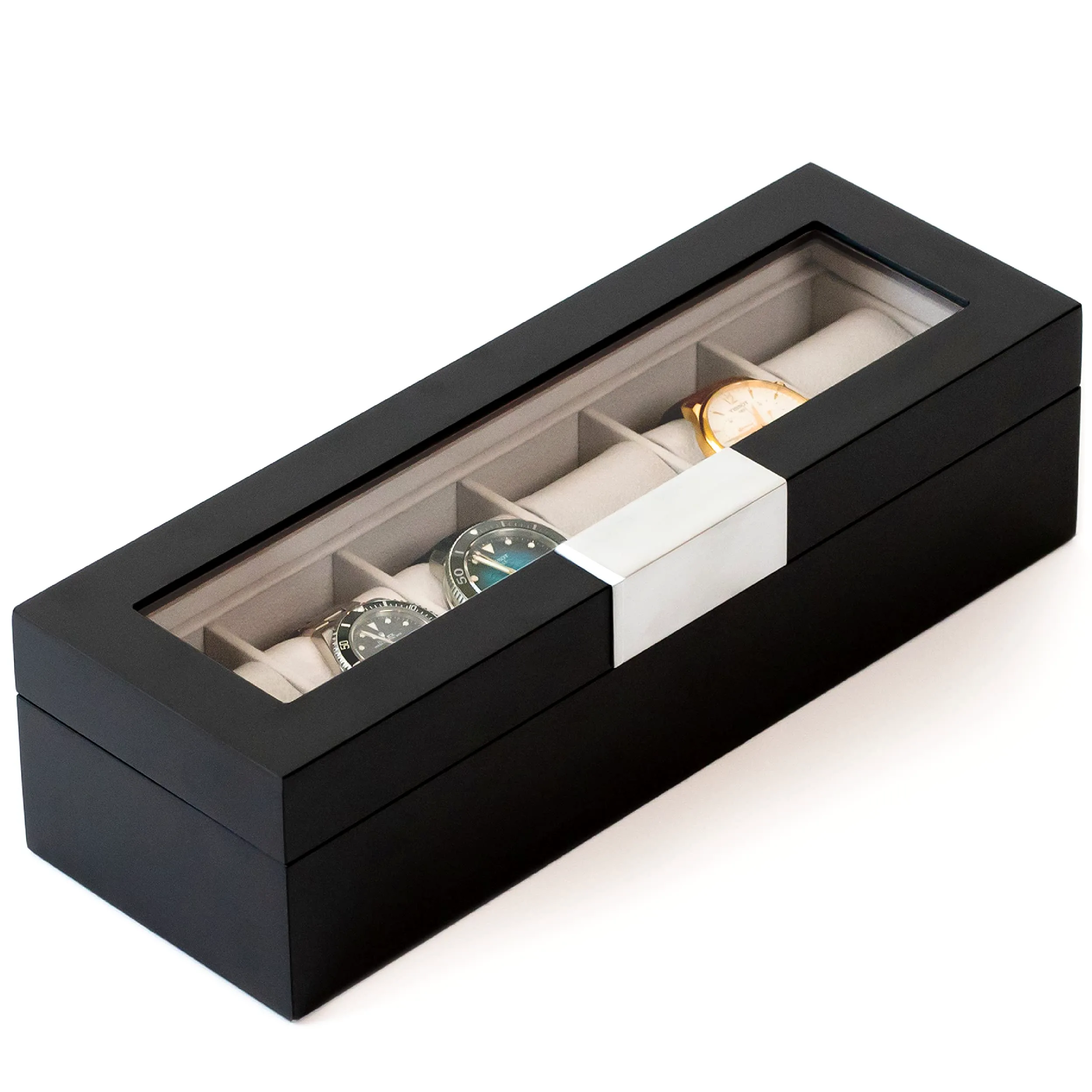 CASE ELEGANCE - Caja de reloj de madera con clip de metal y cristal auténtico, color negro