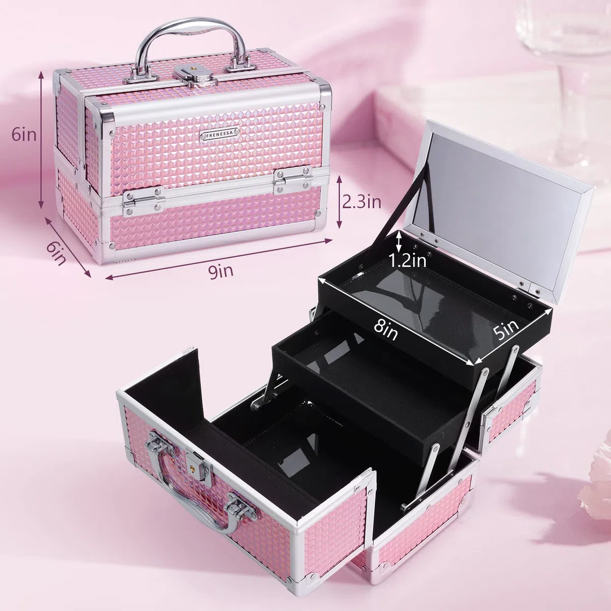 Maletín Maquillaje Maletín Cosméticos Estuche Maquillaje con Espejo y 2 Tarias Maleta de Makeup Case Organizador Estuche de Uñas Joyero y Manicura Beauty Case Viaje para Niña Profesional, Rosa Oro