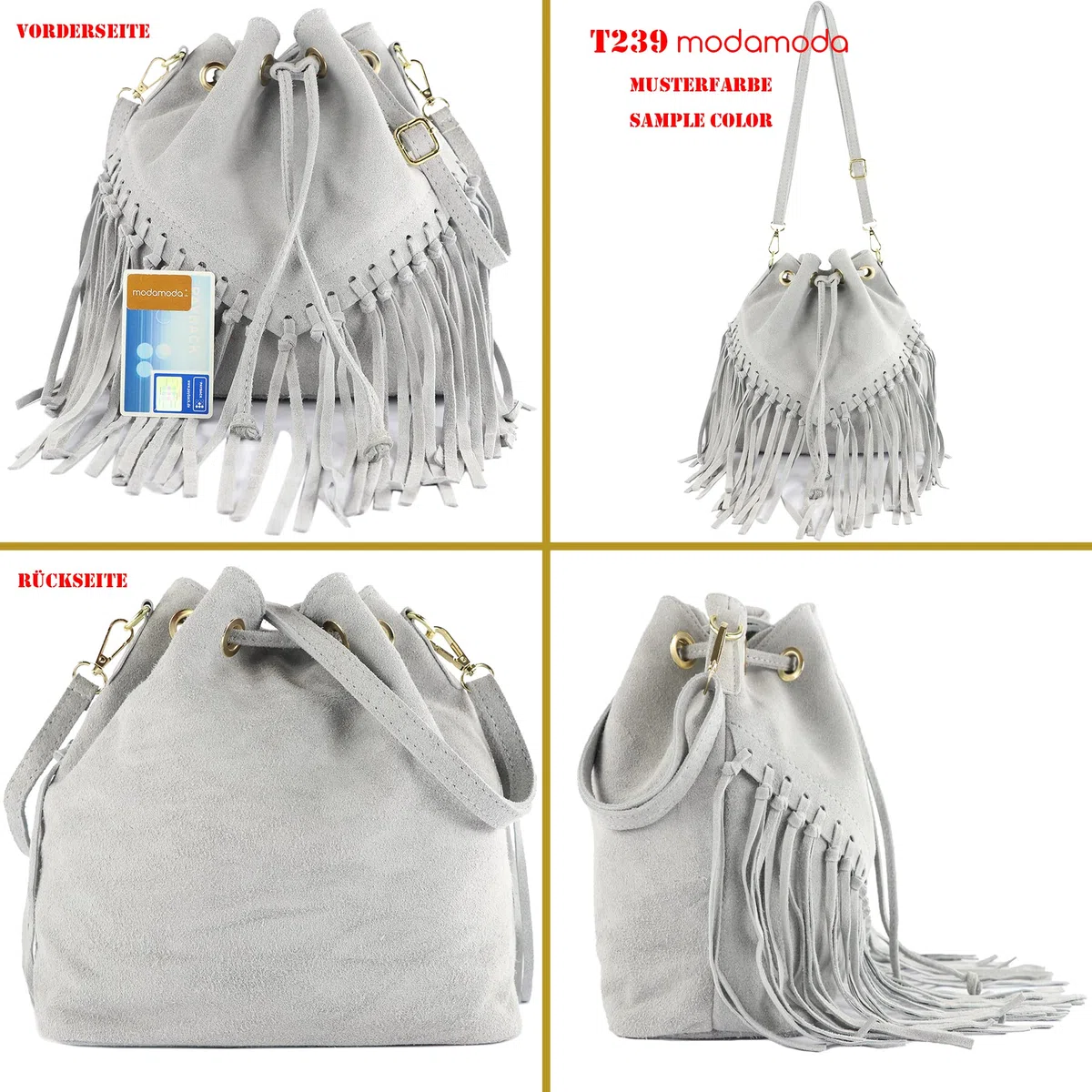 modamoda de T239 - Bolso bandolera para mujer de ante con flecos, fabricado en Italia
