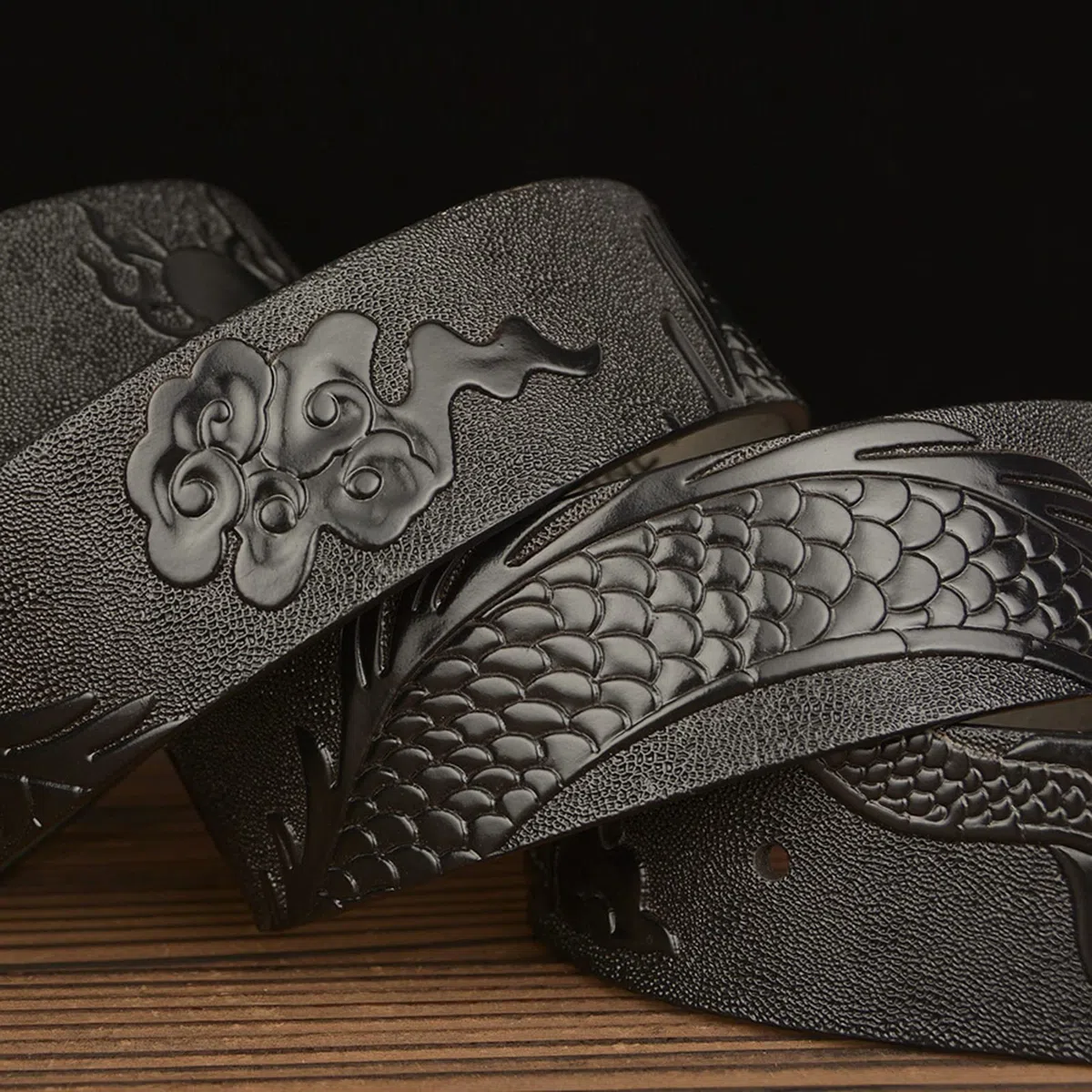 Cinturón De Trinquete para Hombre Hebilla Automática Deslizante Dragon Cinturones De Dragón Tallado En Relieve Longitud 110-130cm Correas De Cuero De Vaca(130cm/51, Black)