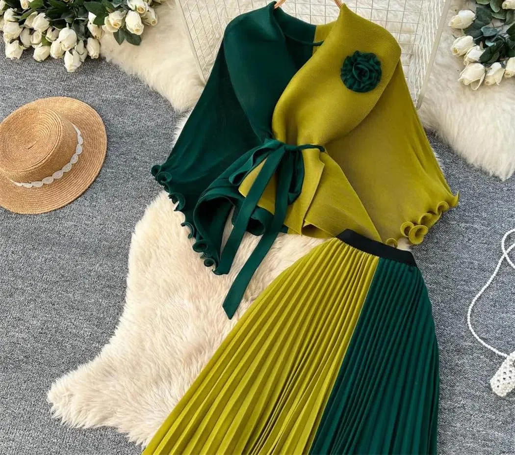 Conjunto de falda plisada de dos piezas para mujer, sin mangas, con lazo en la cintura, cintura alta, falda midi para viajes y oficina, Pnnrk, Altoa única