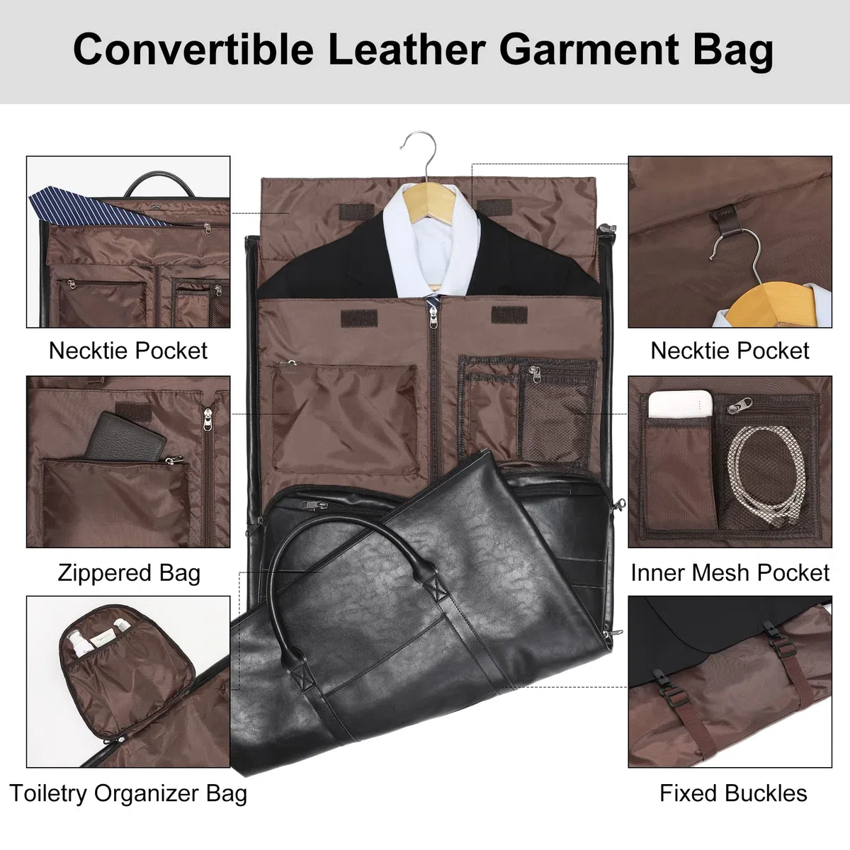 Modoker - Bolsa de Cuero Convertible, Bolsas de Viaje para Ropa y Negocios, Regalo para Hombres y Mujeres, Maleta Impermeable, Color Negro