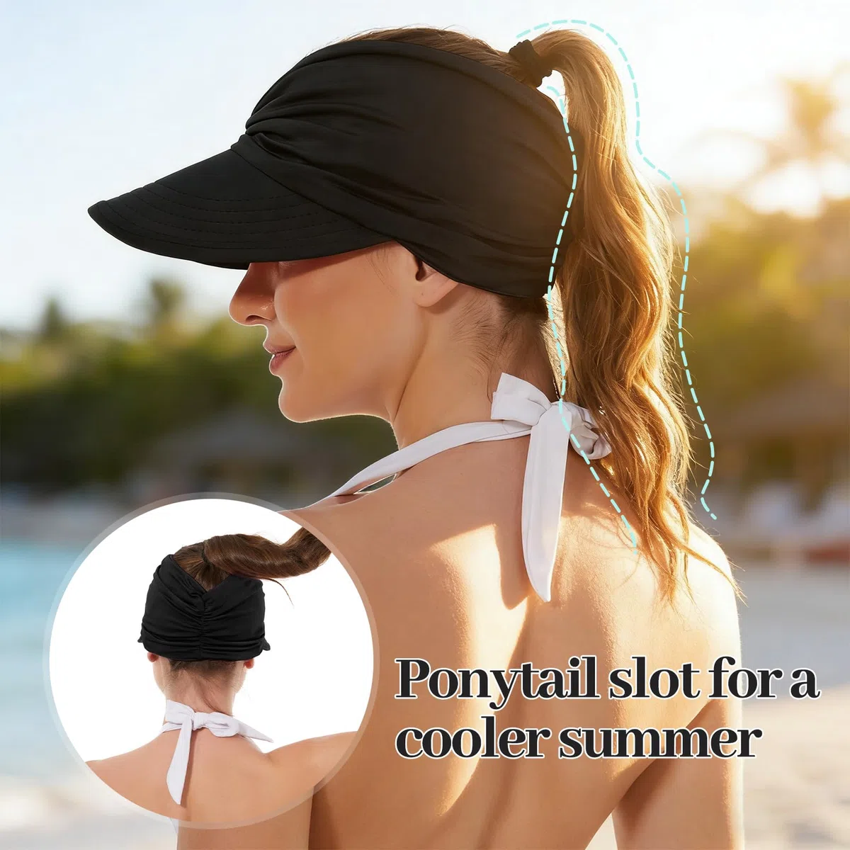 Sombreros de sol para mujer con protección UV, visera de ala ancha, sombreros de verano con cola de caballo, marino, One Size, marino, talla única