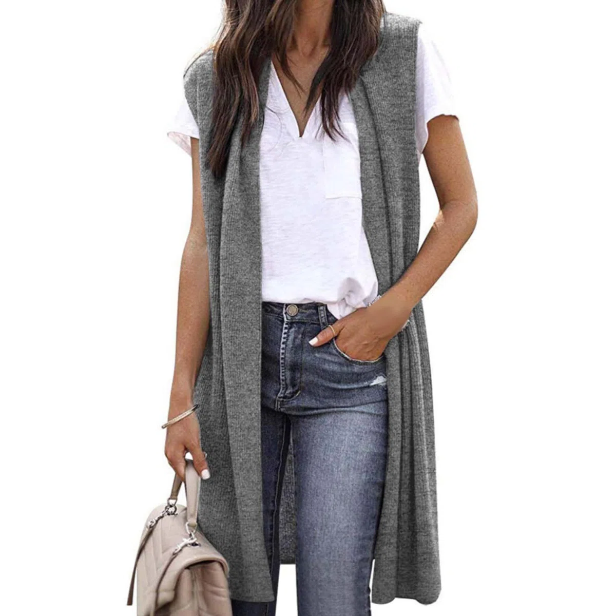 Chaqueta de punto para mujer de un solo color con frente abierto, chaleco de punto largo elástico, chaleco informal sin mangas, elegante, fino, sin mangas, abrigo de punto, cárdigan de punto monocolor
