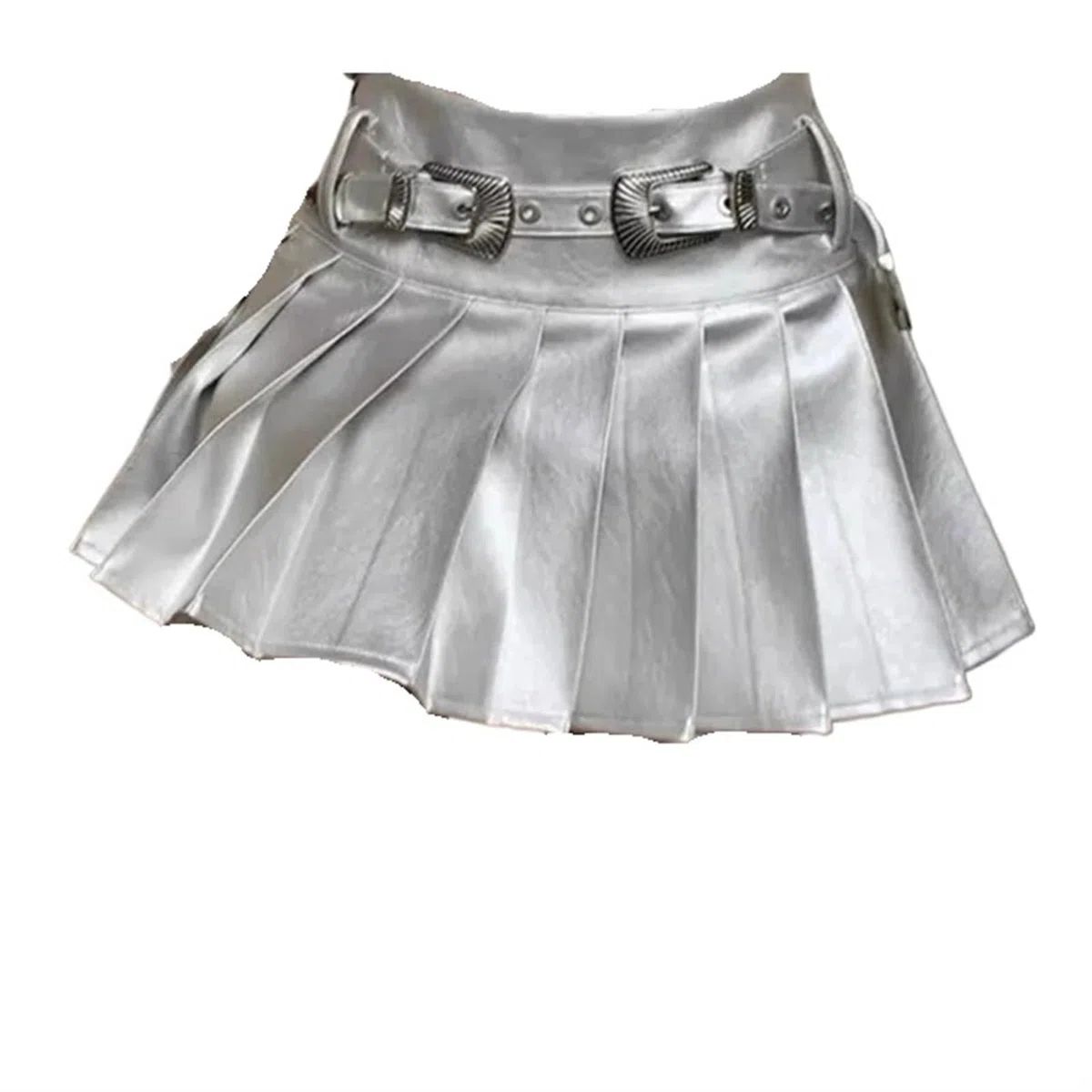 Falda Plisada Mujer Faldas Plisadas Plateadas de Cuero sintético for Mujer, minifaldas de Cintura Alta con cinturón, de Verano, de Corte A(Silver with Belt,S)