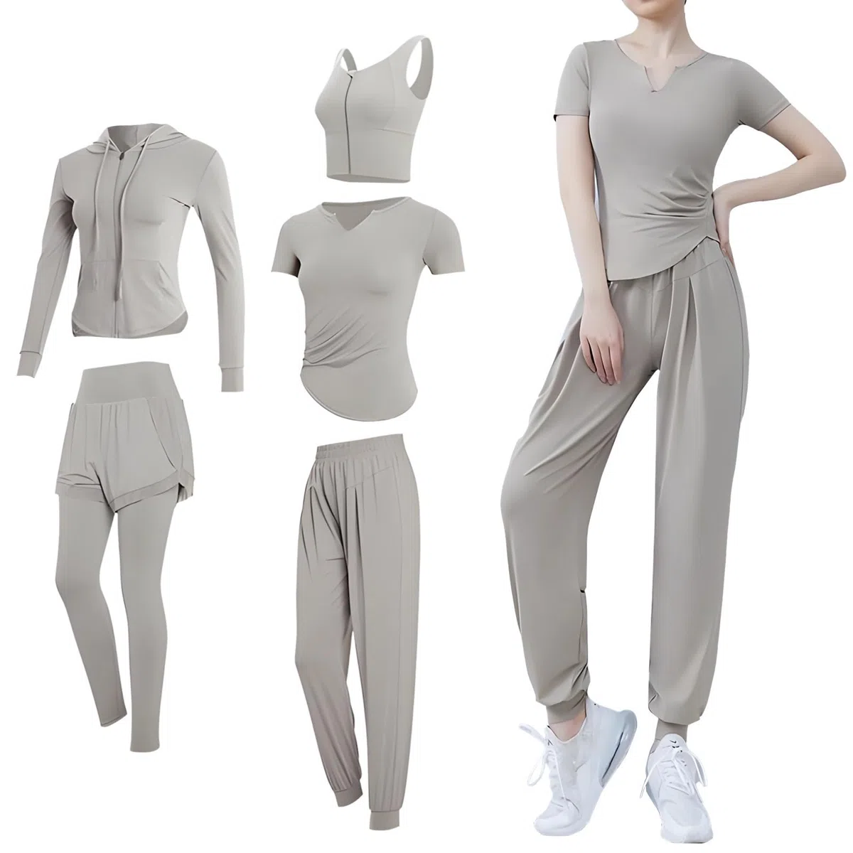 Conjunto de ropa deportiva para mujer, conjunto de 5 piezas, ropa de yoga, conjuntos de entrenamiento de manga larga para mujer, diseño negro, tela transpirable cómoda, XXL para 135-150 libras de