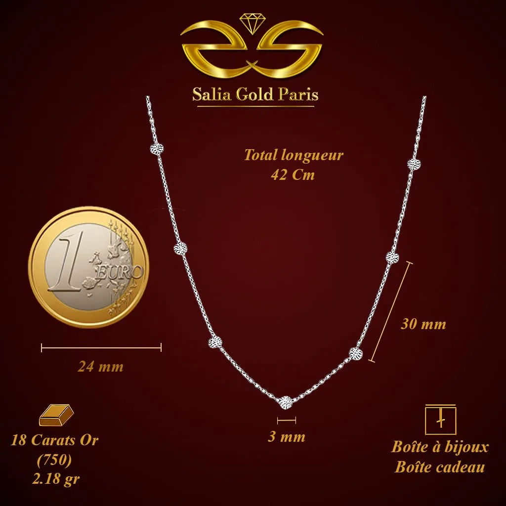 Collar Salia Gold Paris - Oro de 18 quilates - 2,18 gr - Cadena de oro blanco con cuentas facetadas brillantes - Valor refugio - Idea de regalo - Sello 750 - Certificado de autenticidad