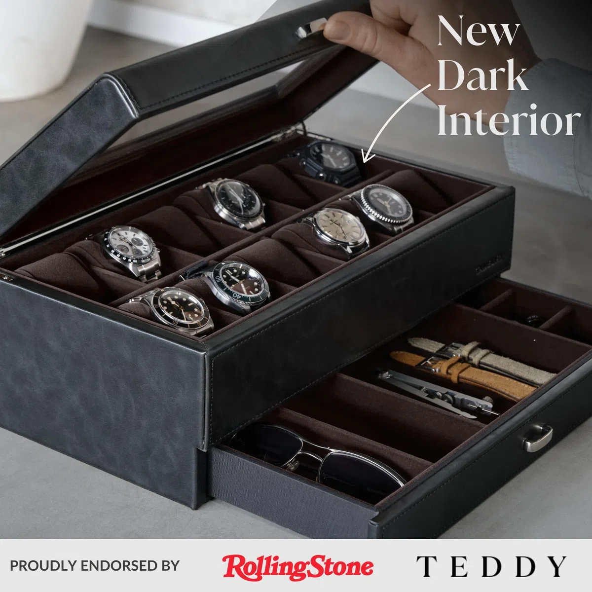 TAWBURY Caja de reloj de 12 ranuras con cajón de almacenamiento, caja de reloj de piel sintética negra de alta calidad para hombre, fácil apertura con una sola mano, interior de terciopelo de felpa