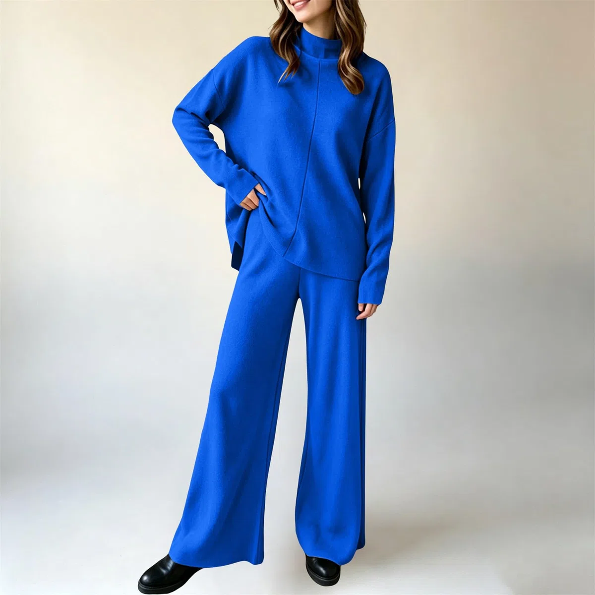 Conjunto de punto para mujer de dos piezas, elegante, 2 piezas, pantalones