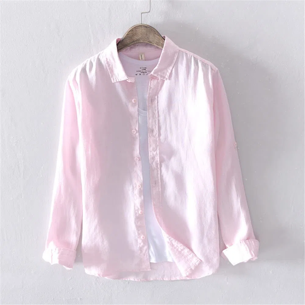 Vsadsau Camisa vintage de manga larga 100 % lino para hombre, estilo casual, L610 Blanco, XL
