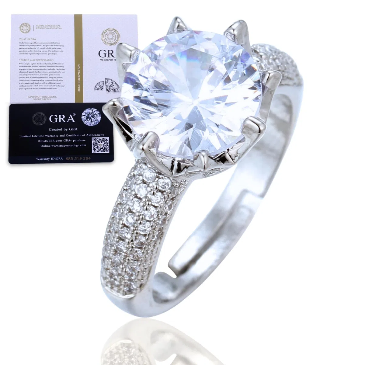 HALUKAKAH Anillo para Mujer con Moissanita D5,0 ct Plata de Ley 925 Baño en Platino con Certificado,Diamantes de Laboratorio Etéreos en Redondo Engaste Garras,para Compromisos,Bodas,Talla Ajustable