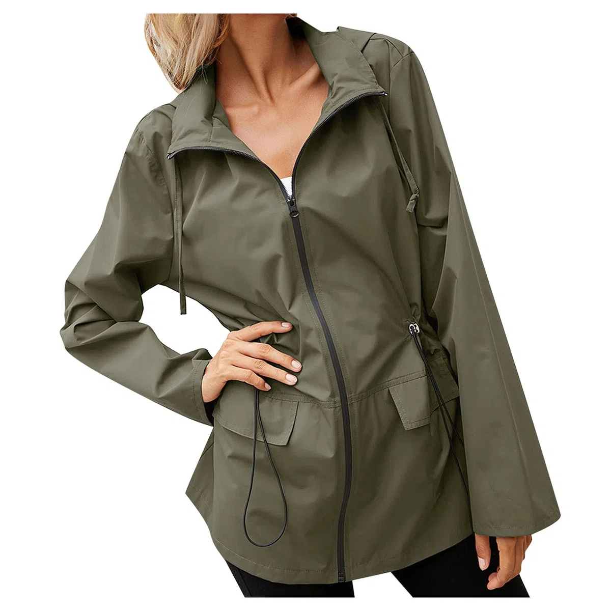 Chubasquero impermeable casual de las mujeres con cremallera sólida con capucha