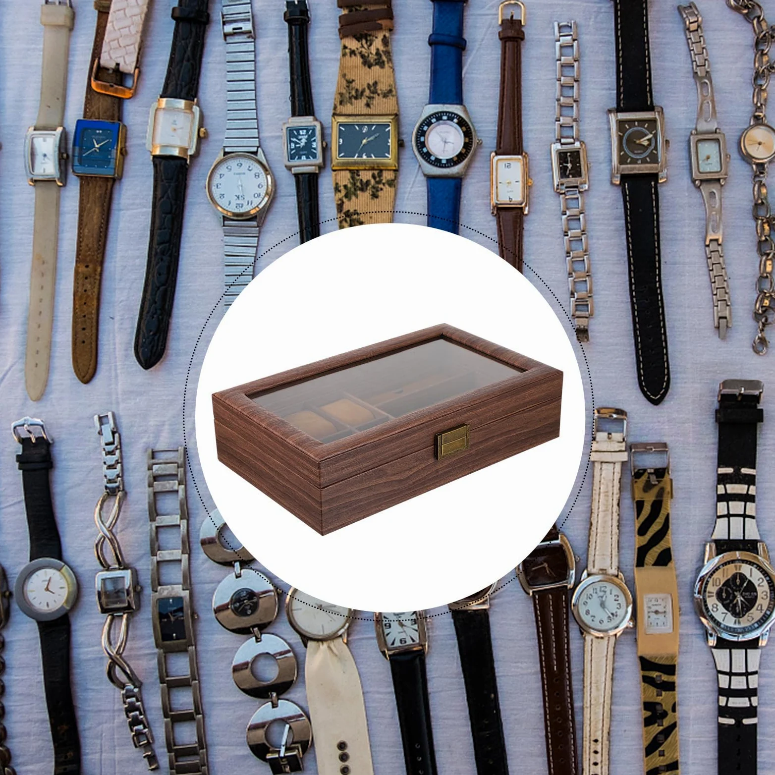 TOPBATHY Caja Organizador de Relojes y Gafas de Madera 6 Compartimentos para Relojes y 3 Ranuras para Gafas Estilo Retro para Colección y Exhibición