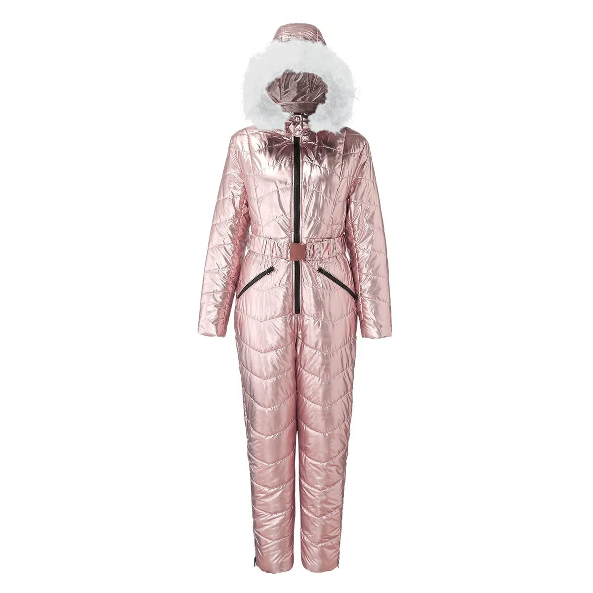 Traje de esquí metálico brillante para mujer, overol de nieve de invierno de alto brillo con capucha de piel sintética desmontable, equipo de esquí impermeable y resistente al viento, traje de esquí