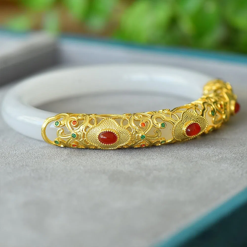 Pulsera de Brazalete de Jade Blanca para Mujeres Buena Suerte Mujer de Brazalete Rojo Rhinestones Decorados de Oro Antiguo Diseño de Incrustaciones Jade Stone Pulsera (de Piedra Jade35,58-59)