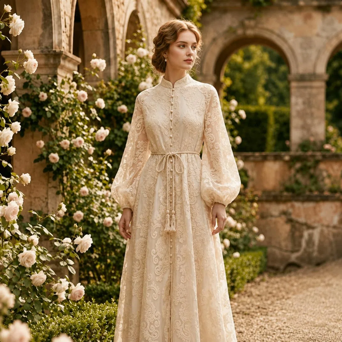 Vestido Largo de Mujer Escote en V Encaje Floral Bordado Vintage Mangas Farol Vestido Largo romántico Boho Mangas abullonadas línea A Fluido Vestido invitada Boda Fiesta