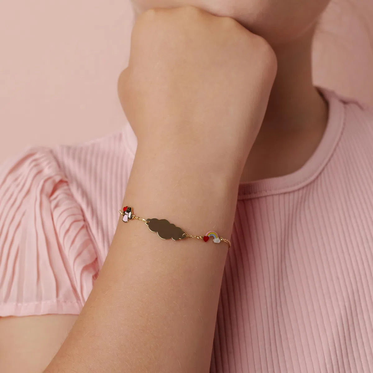 Sakrami Pulsera de Oro Grabable Ángel y Arco Iris para Niños Colección Infantil + Caja de Regalo Personalizada - Pulsera para Nacimientos Comuniones Bautizos Cumpleaños