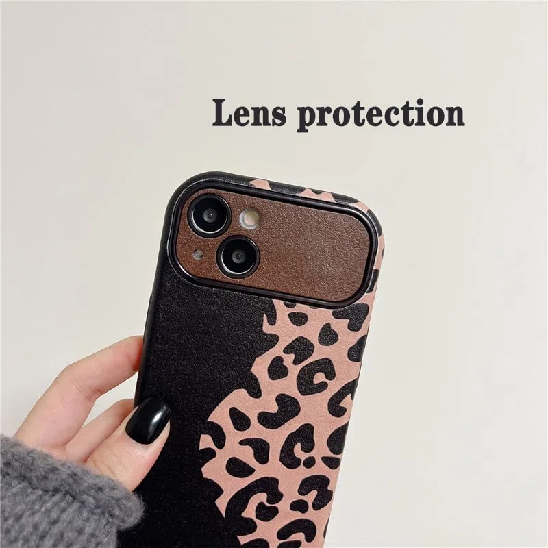 Funda Delgada para iPhone 15 Pro Max/15 Pro/15, Moda Leopardo Estampado Patrón Cuero Carcasa, Cámara Lente Protección Cubierta,Negro,15