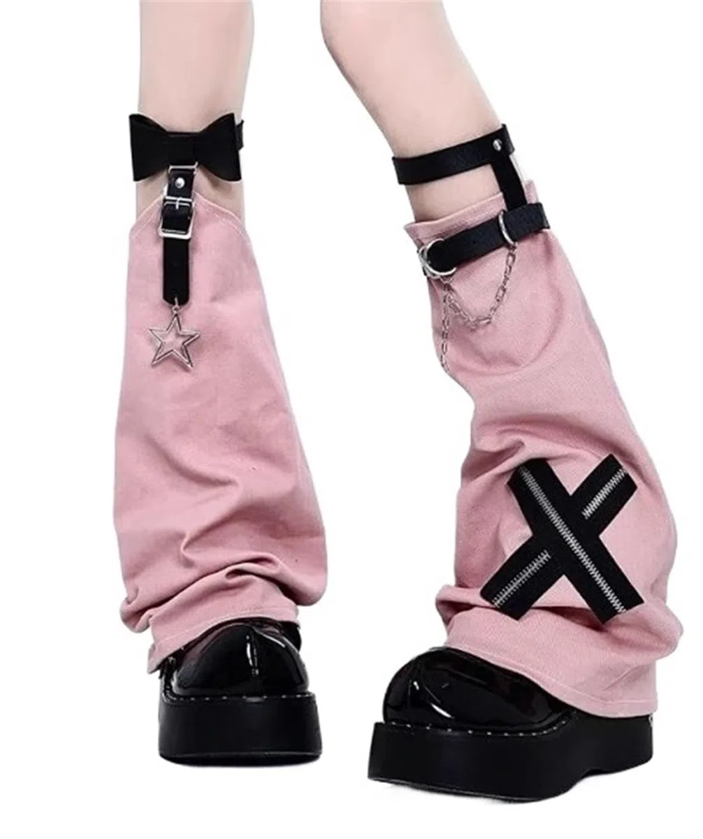 Calentadores Piernas Mujer Calentadores de piernas con Hebilla de Cuero con Lazo Calcetines Cubierta de Pierna Elegante y sólida(Pink)