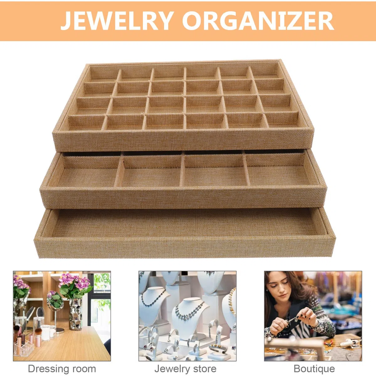 Bandejas Apilables para Joyas 3 Piezas de Lino Organizador de Joyería para Collares y Pulseras Caja de Exhibición Compartimentos para Pendientes y Accesorios Adecuado para