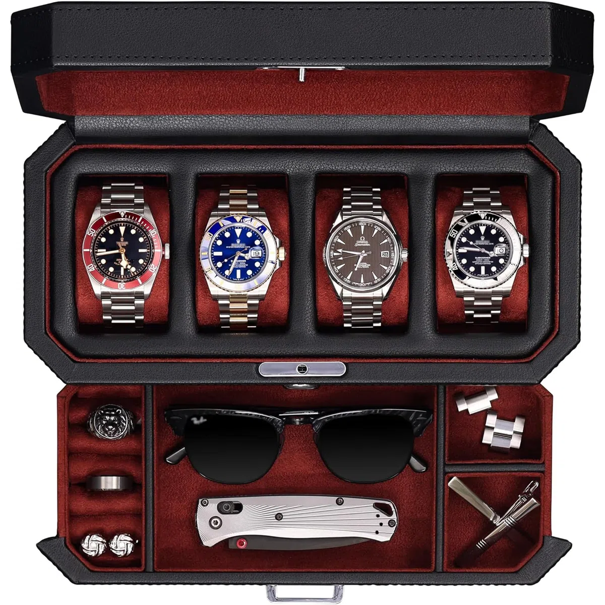 Caja de reloj ROTHWELL de cuero 4 ranuras con cajón, organizador de joyas, soporte de vitrina bloqueado con cristal real, para relojes
