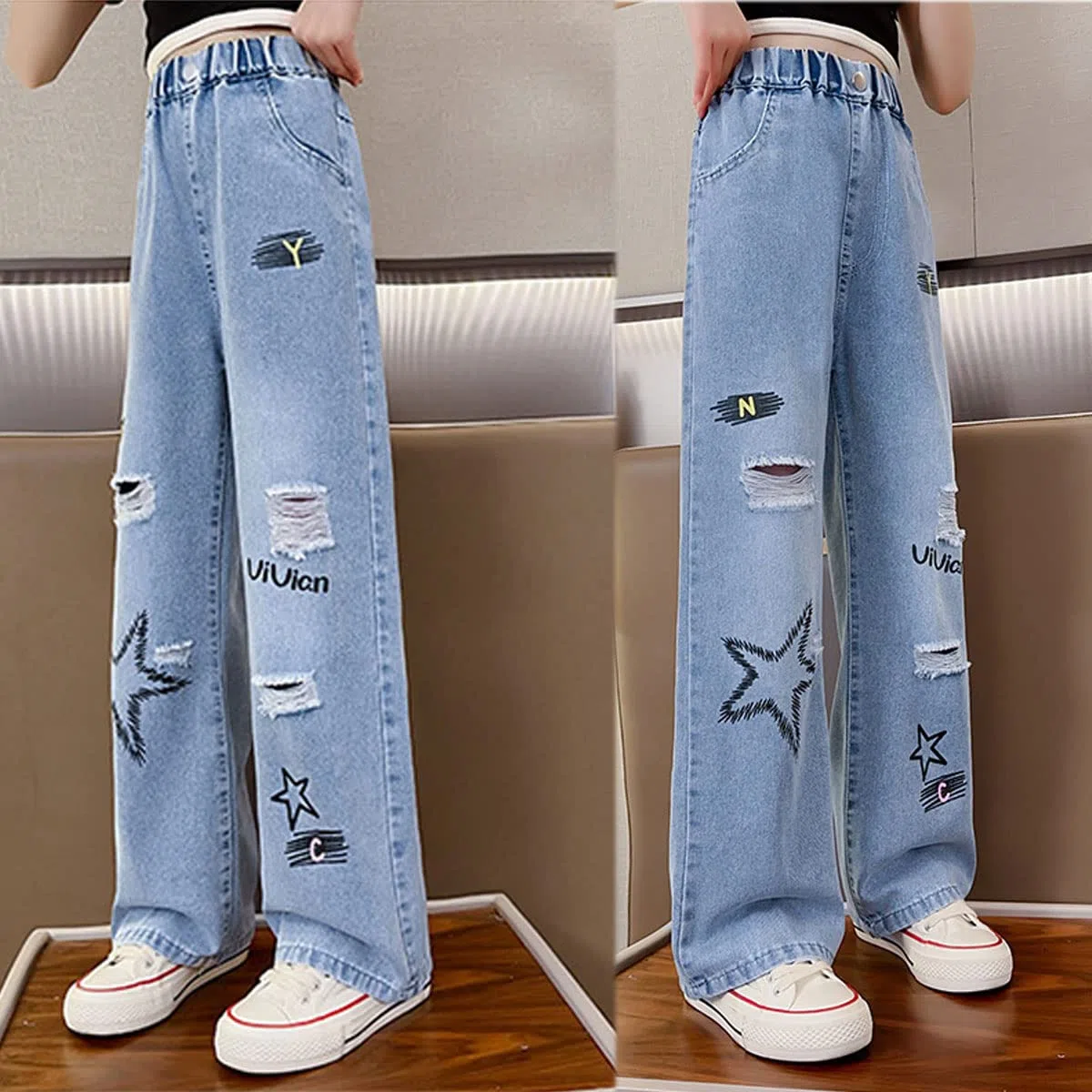 Jeans rasgados para niñas y niñas, cintura elástica, pierna ancha, holgados, talla 5-14 años