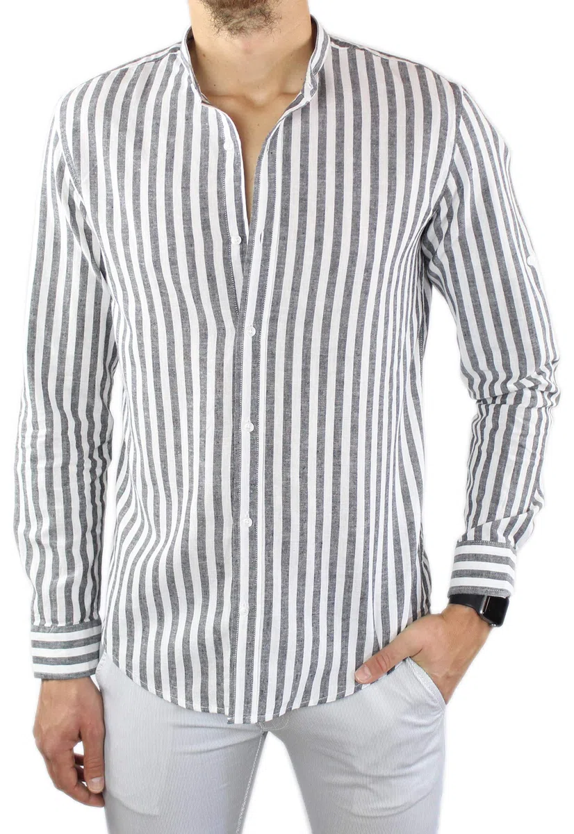 Camisa de lino para hombre Coreana a rayas negras de 100% lino Slim Fit elegante de manga larga a rayas