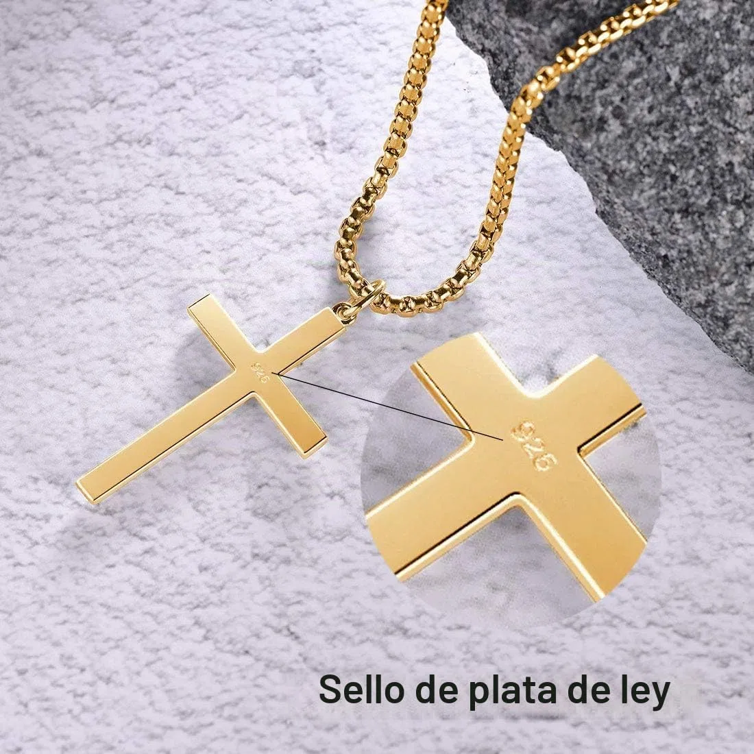 FANCIME Collar con Colgante de Cruz para Hombre Niños de Plata de Ley 925 Chapada Oro Amarillo con Cadena de Acero Inoxidable - Longitud Cadena: 56 cm